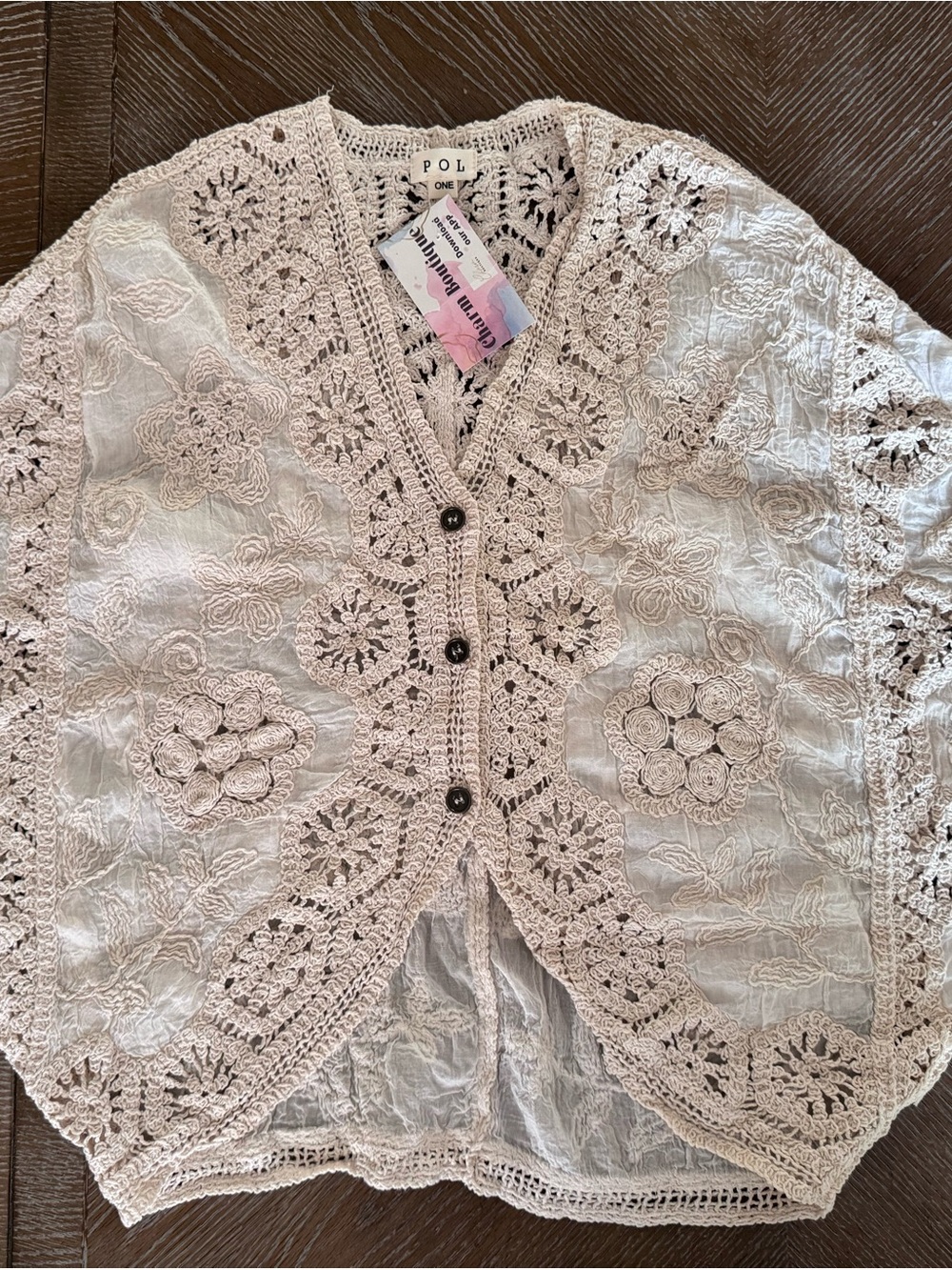 POL Crochet Floral Button-Front Cardigan in Light Cream